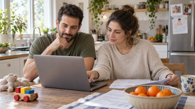 זוג יושב ליד שולחן המטבח ועובר יחד על מסמכים במחשב נייד, עם צעצועים של פעוט וקערת קלמנטינות על השולחן