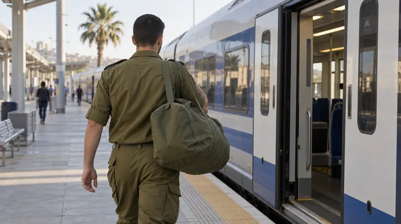 משרת מילואים במדים עם תיק צבאי על הכתף, מגבו, הולך על רציף לעבר רכבת עם דלתות פתוחות
